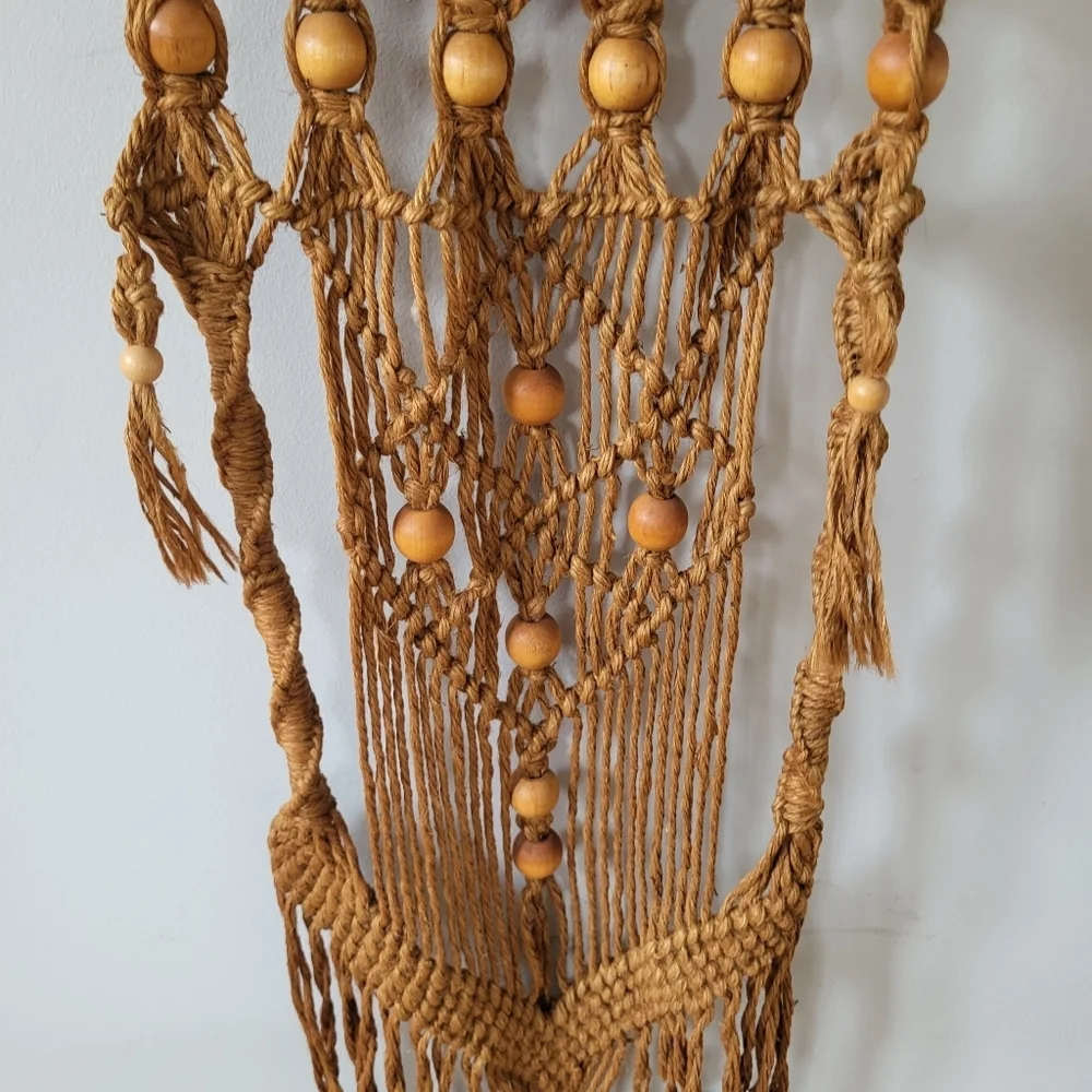 Vintage 70's Handmade Macrame Wall Hanging in Natural Tan With Beading